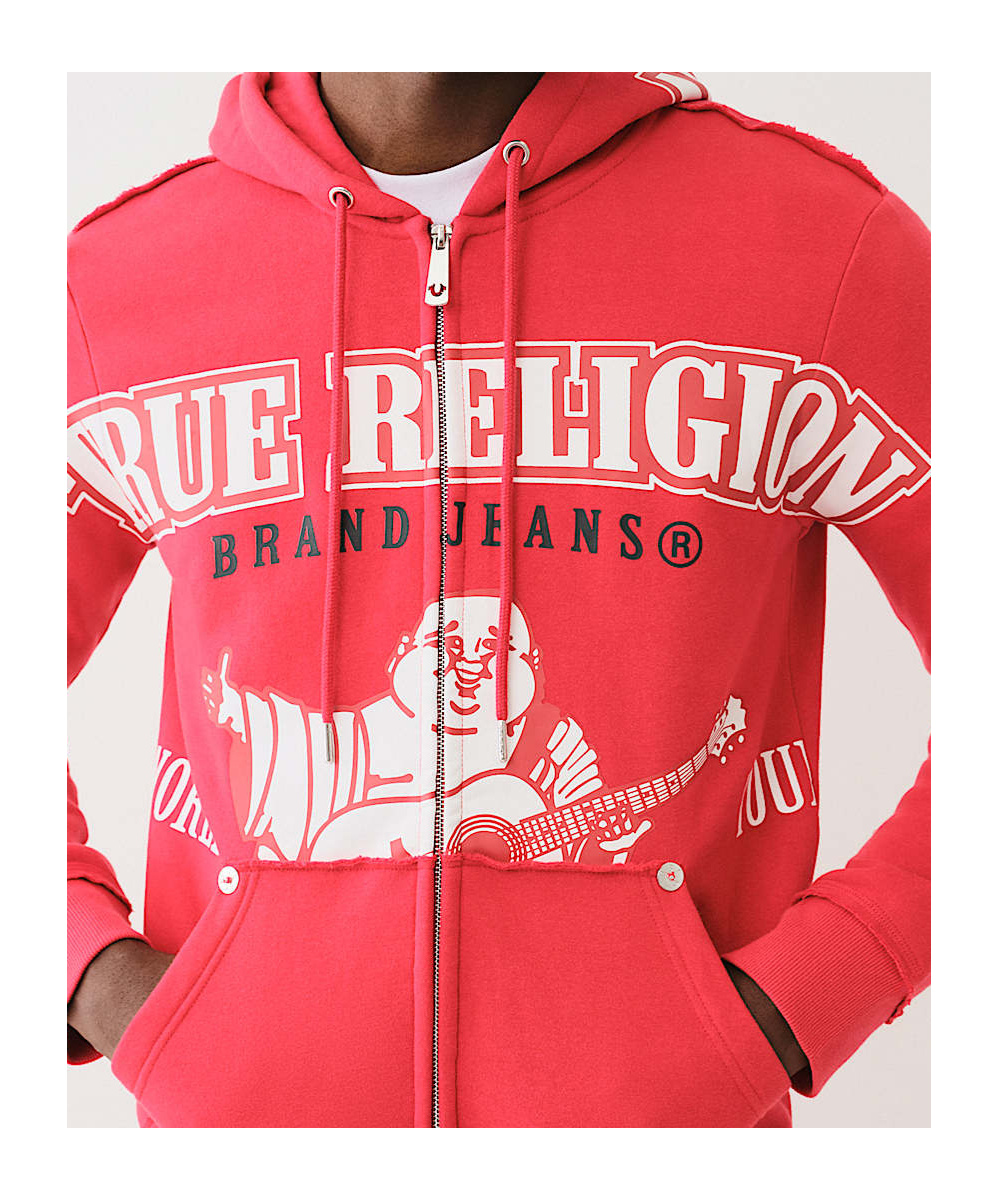 True Religion Exaggerated Icon Raw Trim Zip Hoodie In Red