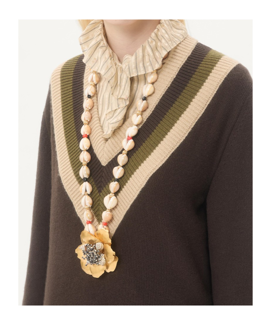 Valentino Garavani Jardin Aquatique Necklace In Metal Fabric Shells Coral And Onyx Woman Antique Bra In Gold