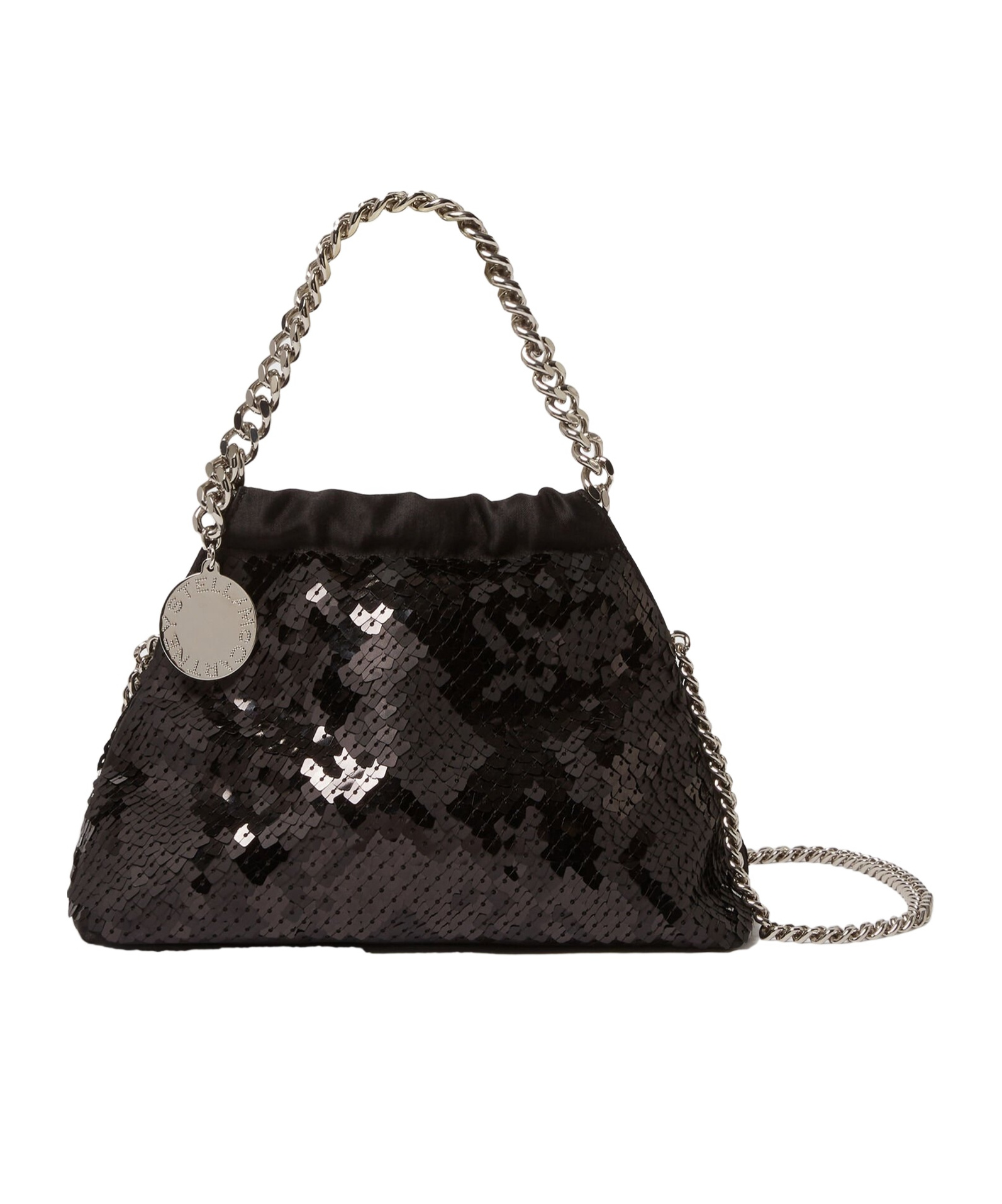 Stella Mccartney Falabella Mini Drawstring Bag Pixel Snake Sequins Embroidery In Black