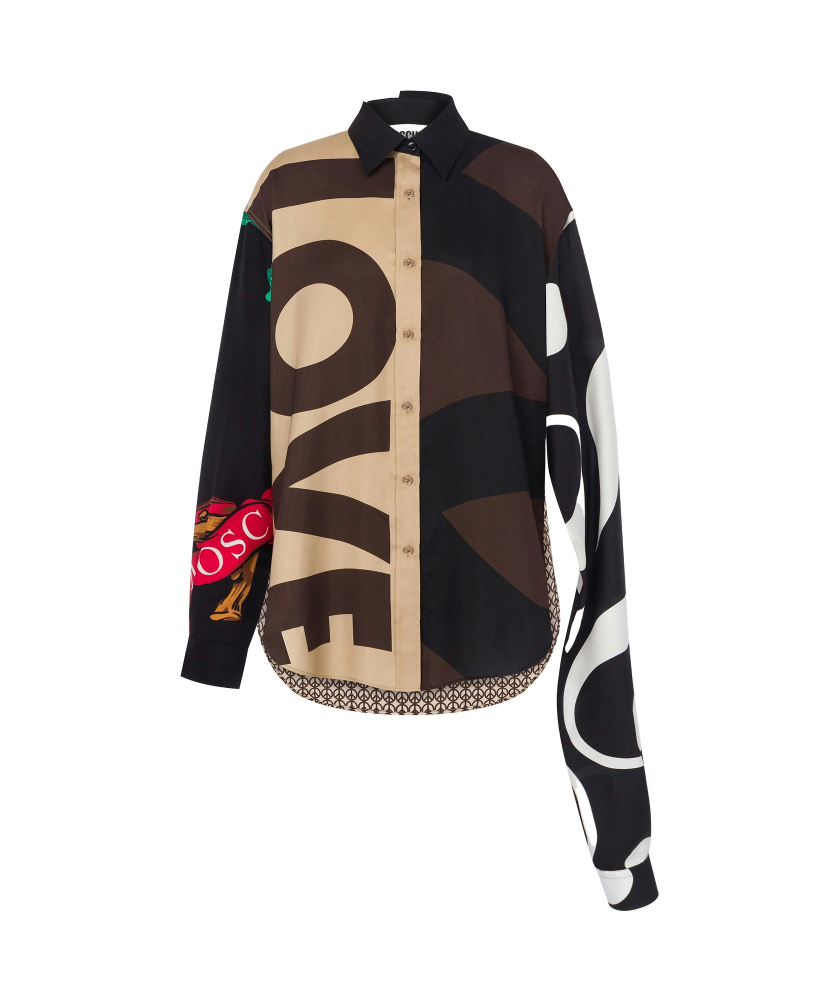 Moschino Multicolor Silk Shirt With Asymmetrical Long Sleeve In Black