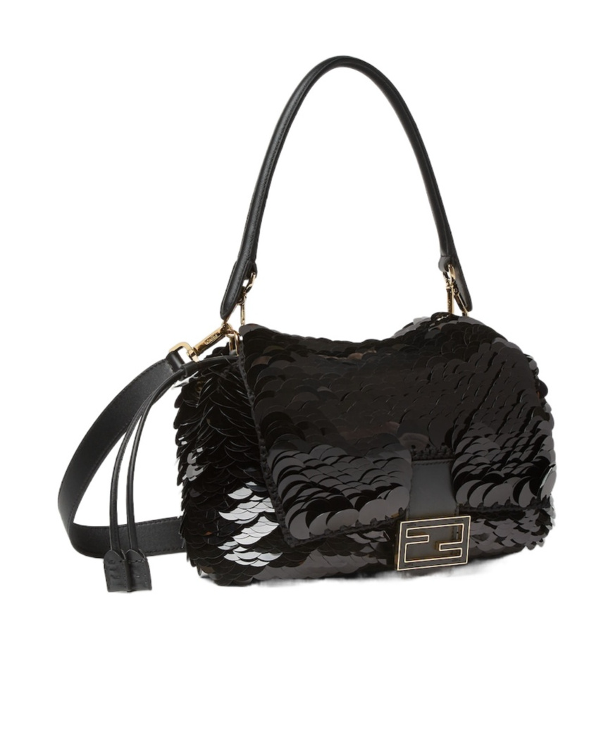 Fendi Mamma Baguette Medium Sequin Crochet Tote In Black