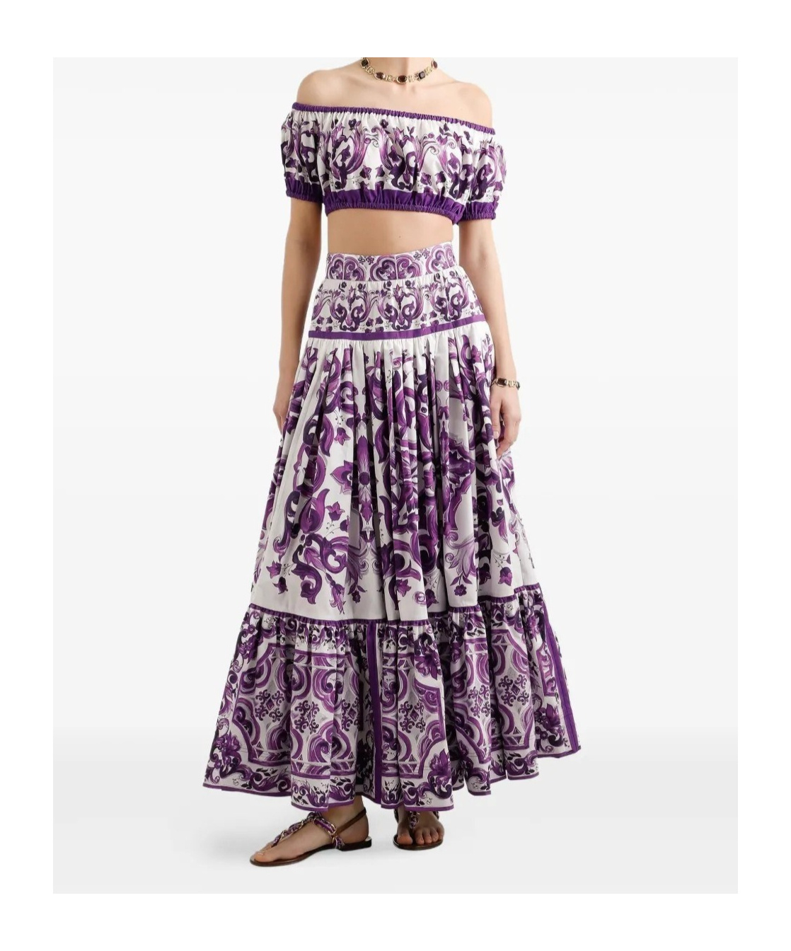 Dolce & Gabbana Violet Off-shoulder Cropped Top With All-over Floral Print In Cotton Woman In Purple