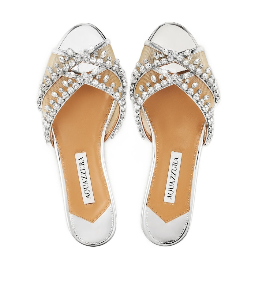 Aquazzura Temptation Crystal-embellished Mesh-trimmed Metallic Leather Slides In White