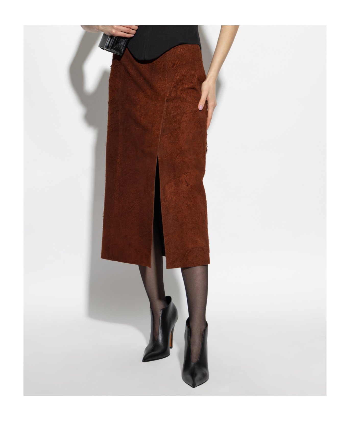 Alexander Mcqueen Womens Brown Brushed-suede Split Leather Midi Skirt In Brown