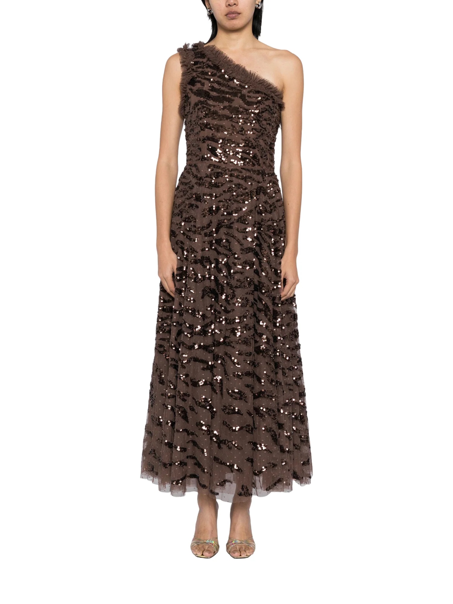 Needle & Thread One-shoulder Ripple Sequined Gown In Brown