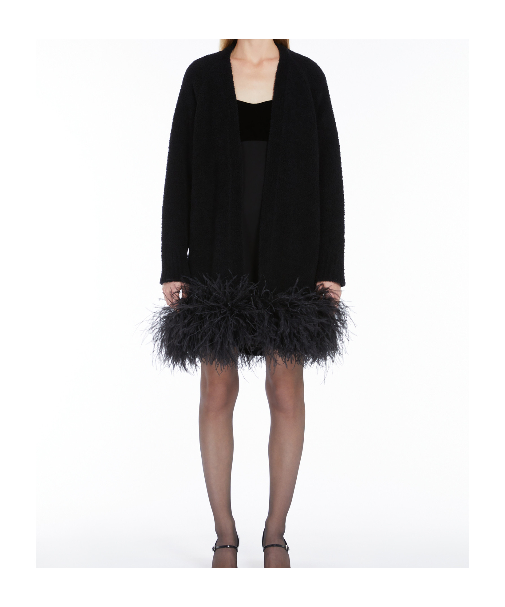Shop Max Mara Studio Feather Detailed Open Front Cardigan In Black