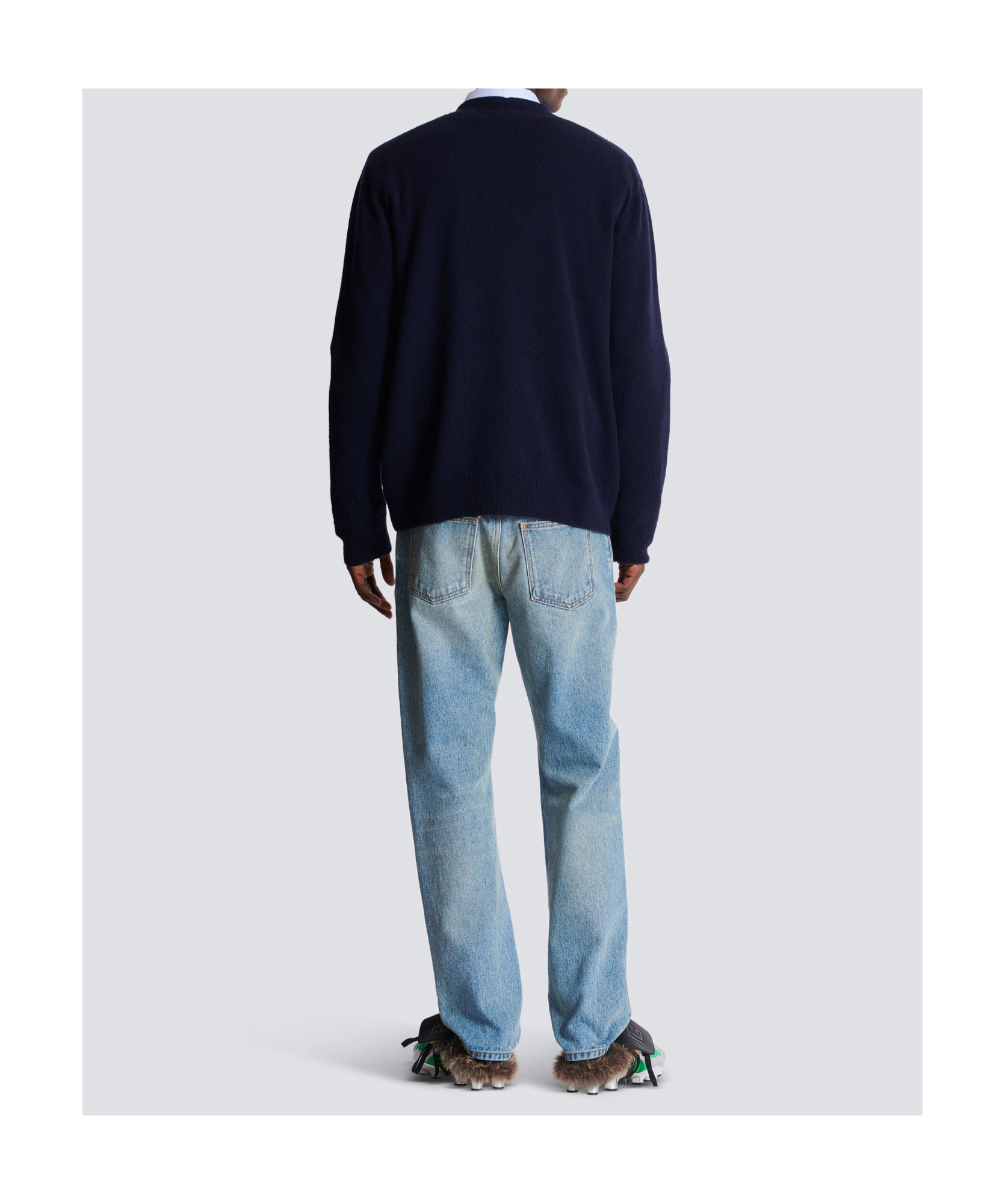 Balmain V-neck Blazer With Ribbed Cuffs And Hem In Blue
