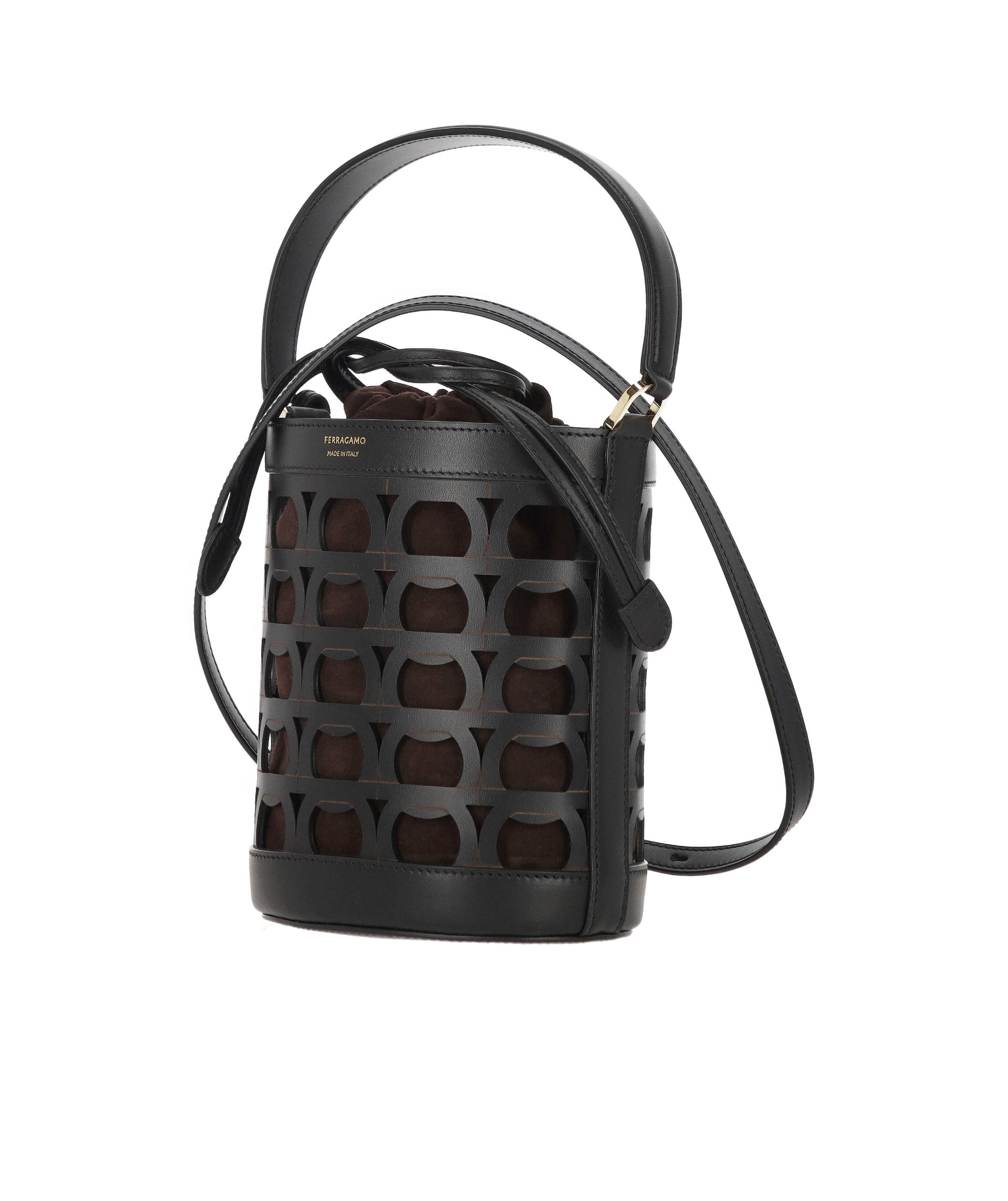 Ferragamo Logo Printed Cut Out Bucket Bag In Black