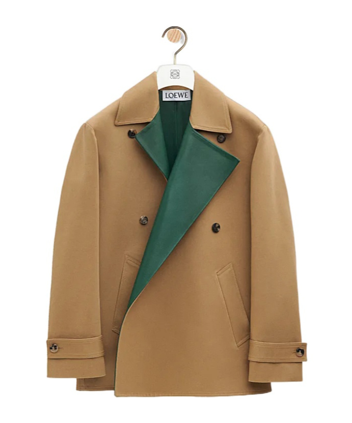 Loewe Coat In Cotton And Nappa Calfskin In Beige/khaki Green