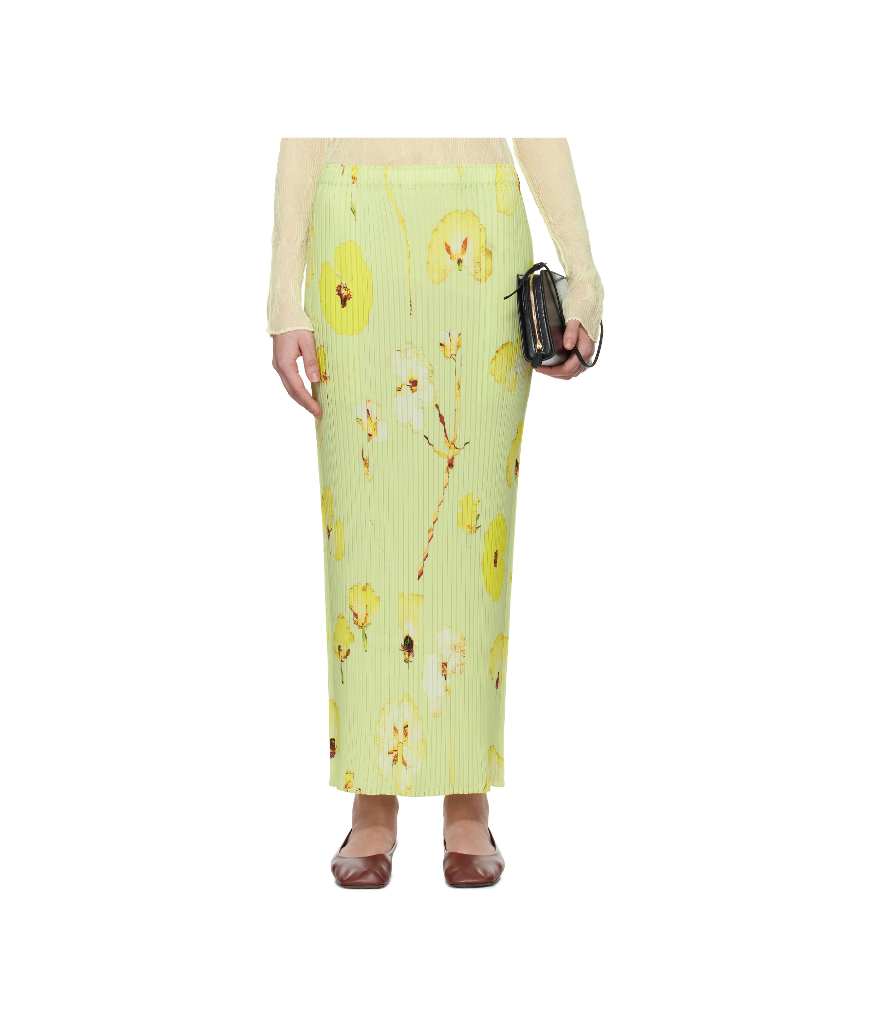 ISSEY MIYAKE GREEN PRESSED FLORA PLEATS MIDI SKIRT