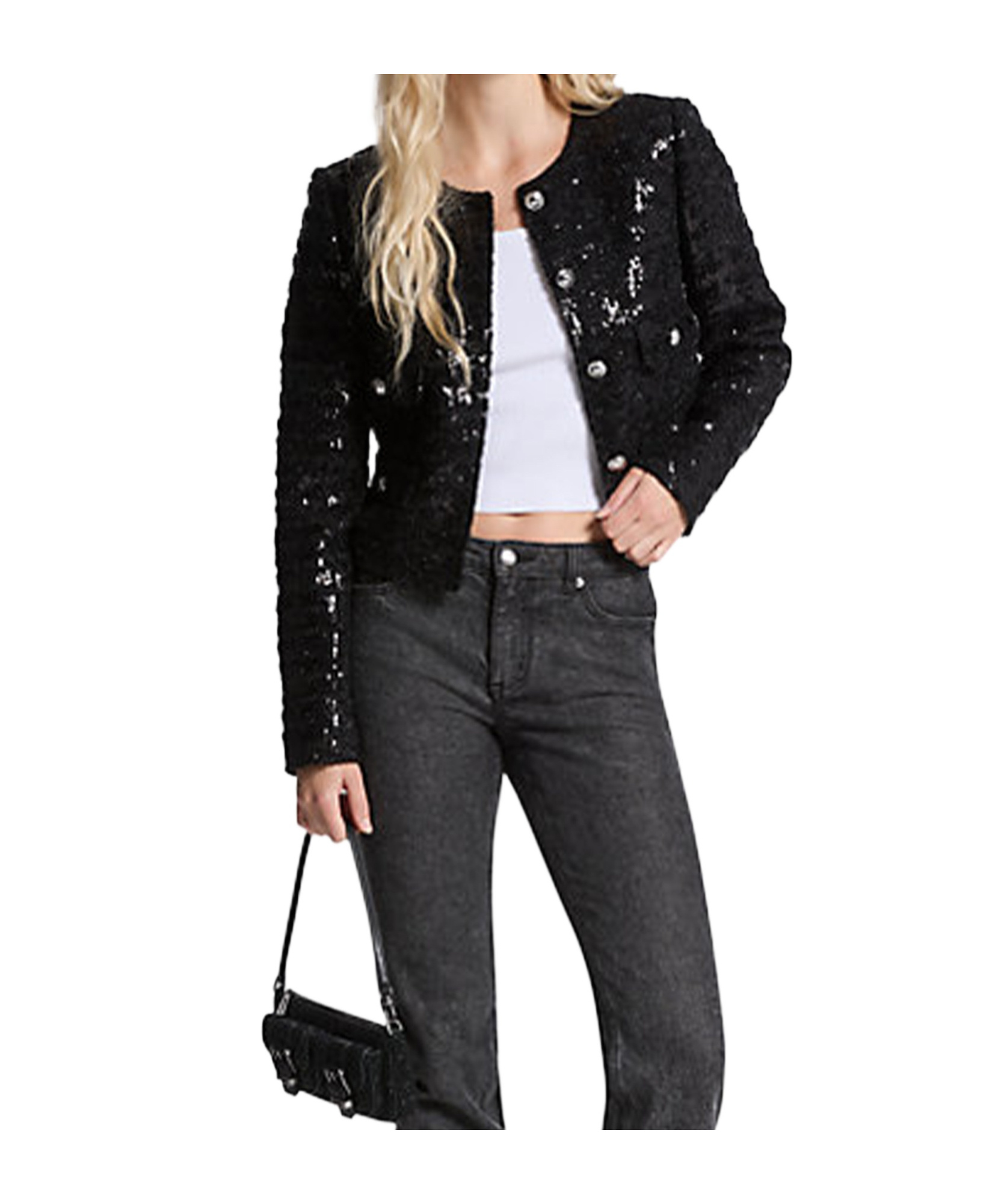 Michael Kors Short Tweed Jacket Sequin Detail In Black