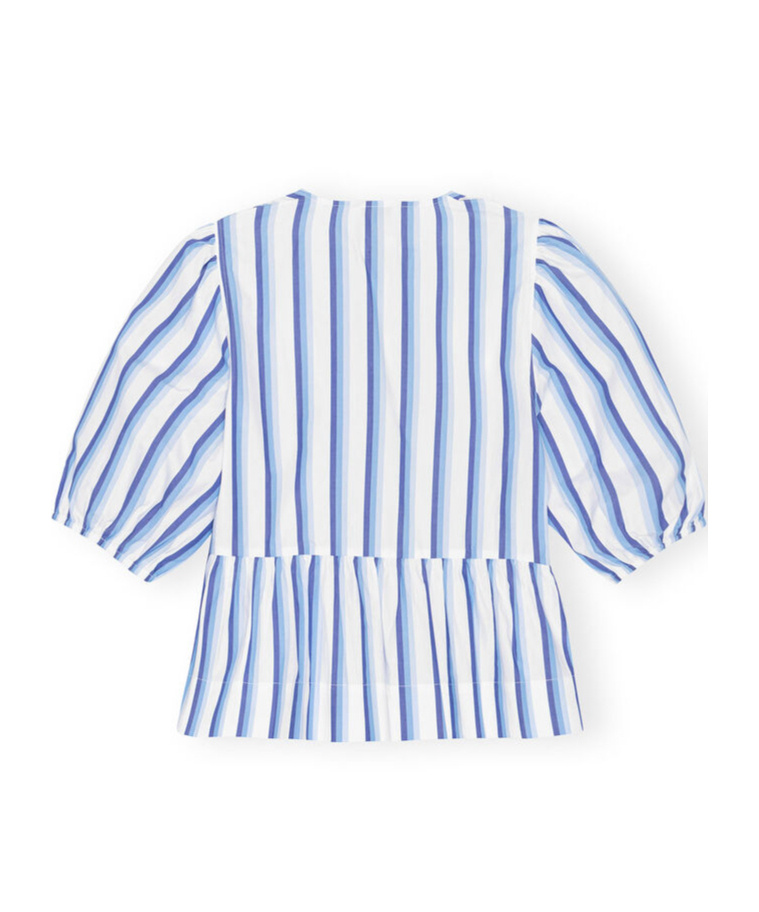 Ganni Blue Striped Cotton Poplin Peplum Tie Blouse
