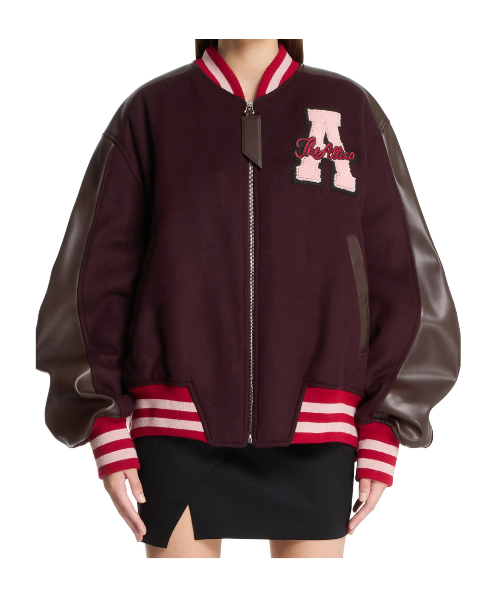 Attico Leather-sleeved Logo-patch Bomber Jacket In Brown