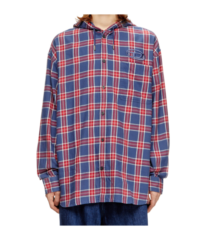Diesel Cotton Hooded Shirt With 3d Embroidery In Blue