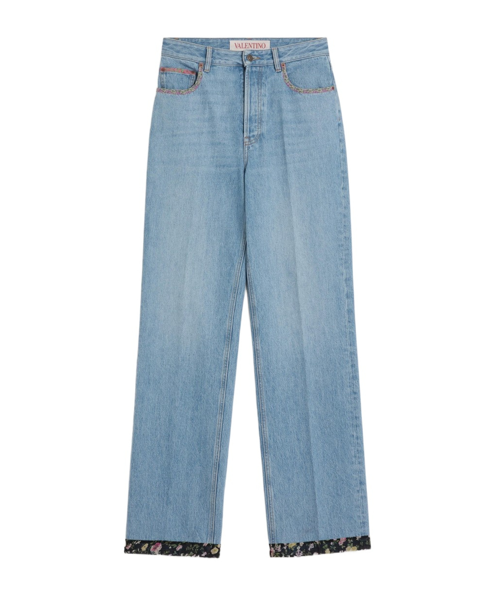 Valentino Denim Trousers With Floral Print Hem In Blue