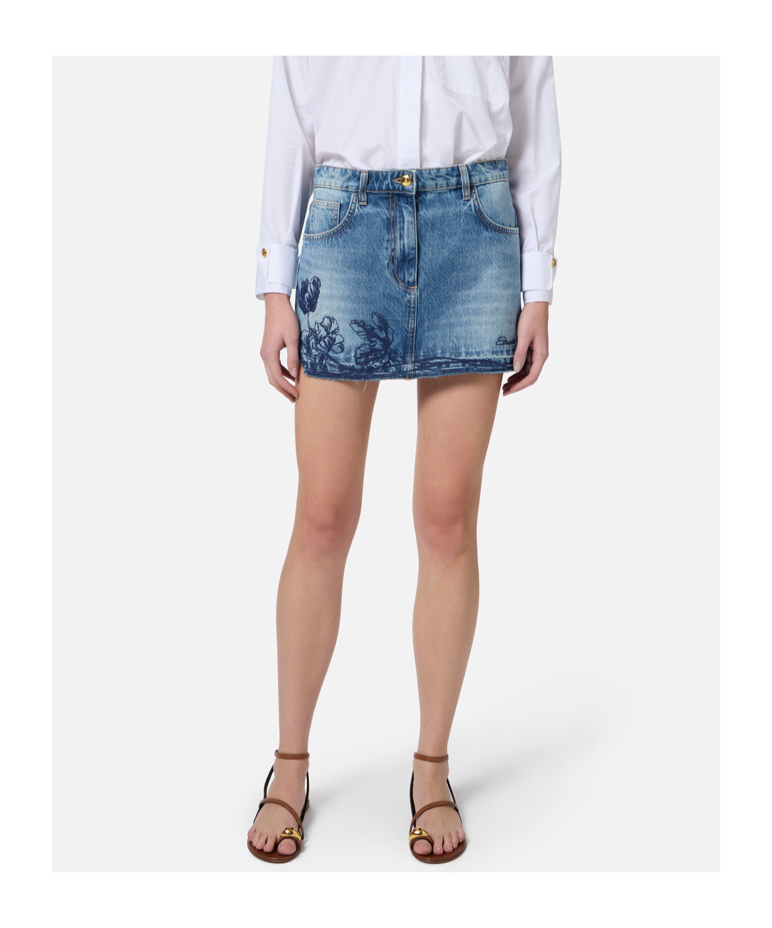 Elisabetta Franchi Denim Miniskirt With Floral Embroidery In Light Denim