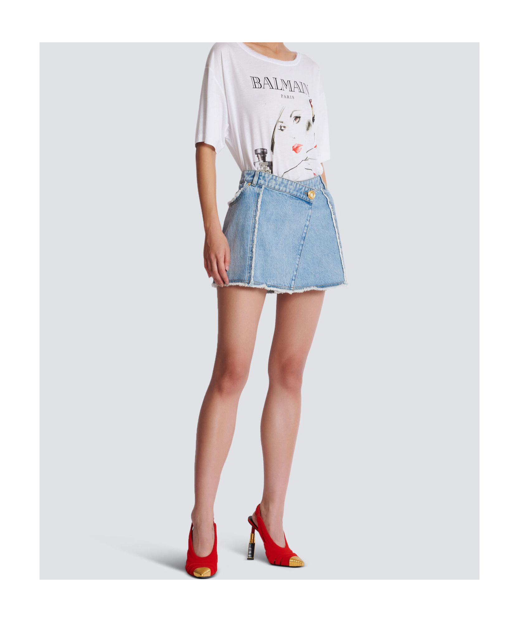 Shop Balmain Asymmetric Denim Skirt In Gray