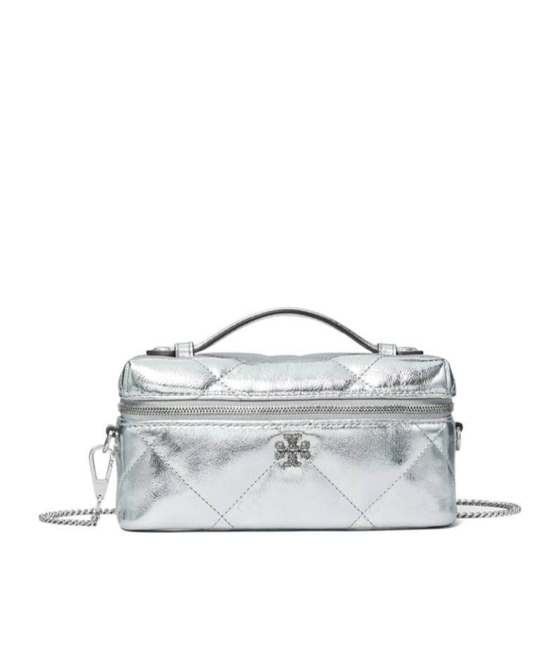 Tory Burch Kira Diamond Quilted East West Crossbody Bag In Silver