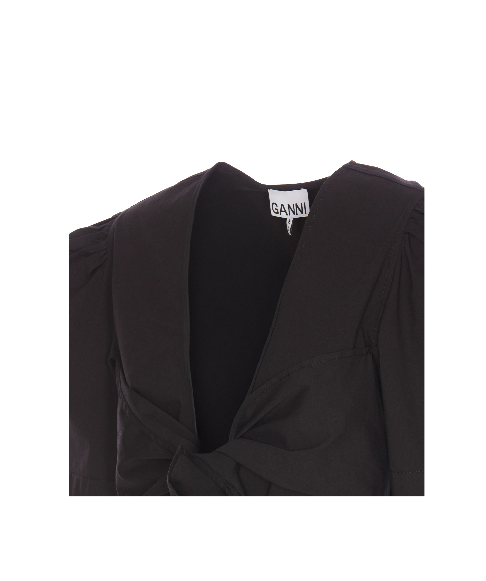 Shop Ganni Black Washed Stretch Cotton Tie Strap Blouse