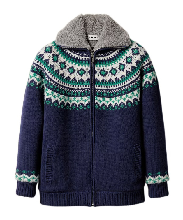 Miu Miu Wool And Fleece Cardigan With Zipper In Blue