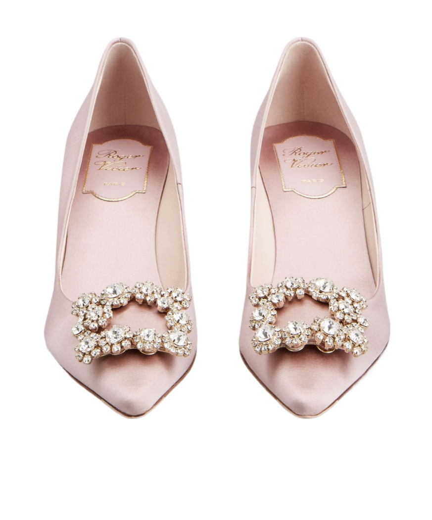 Roger Vivier Flower Strass Silk Satin Rhinestones Buckle High Heels In Nude
