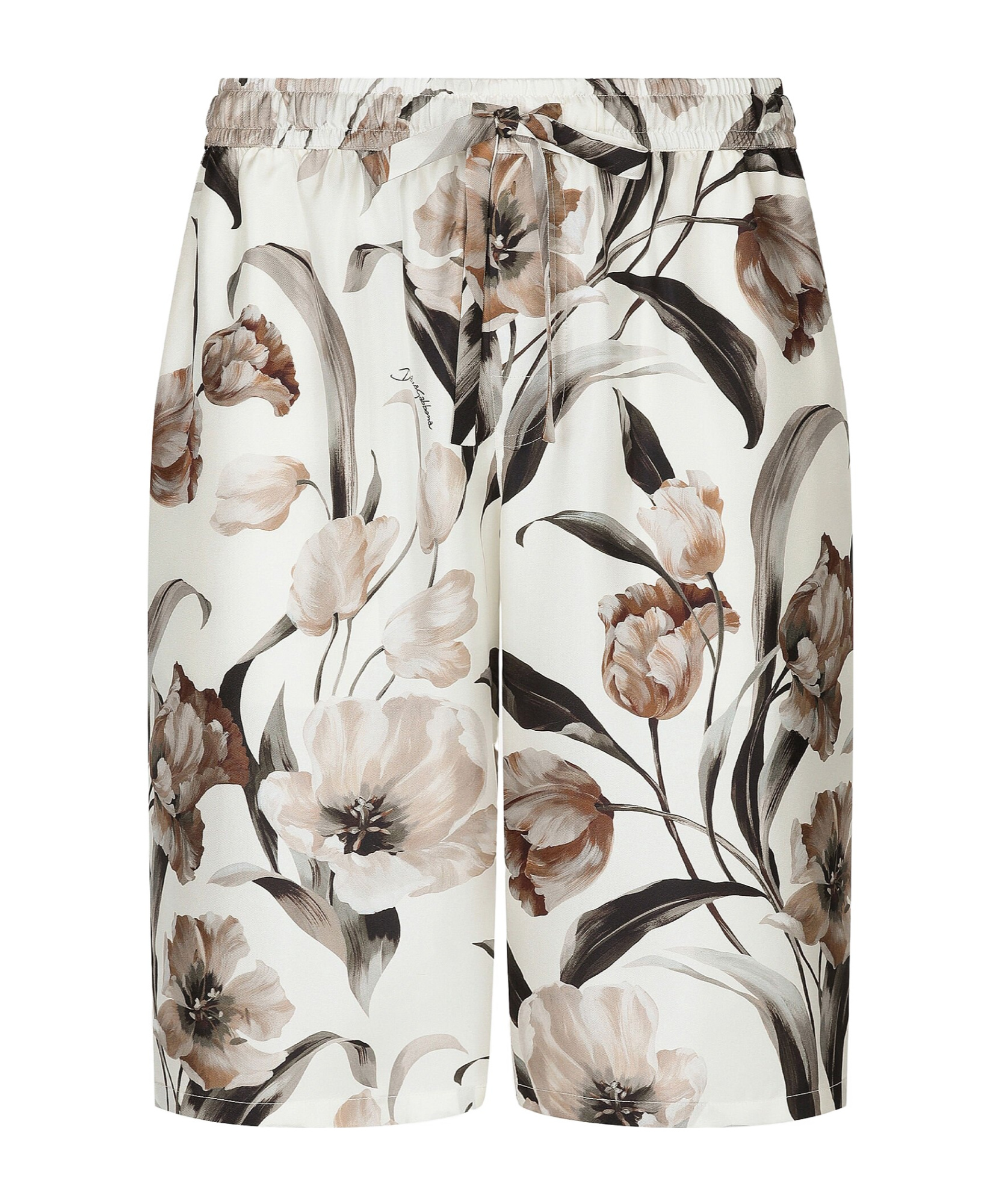 Dolce & Gabbana Beige Bermuda Short With Flower Print In Silk Twill In White