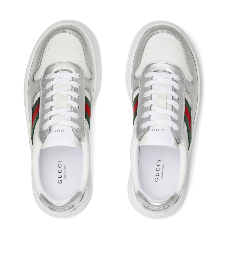 Gucci Stripe-detail Leather Sneakers In Silver