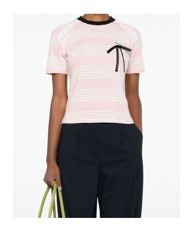 Msgm White And Pink Striped Cotton T-shirt With Bow In Pink