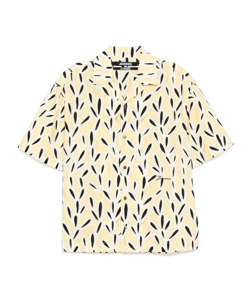 Jacquemus Yellow Cotton Jean Shirt With Playful Leaf Pattern In White