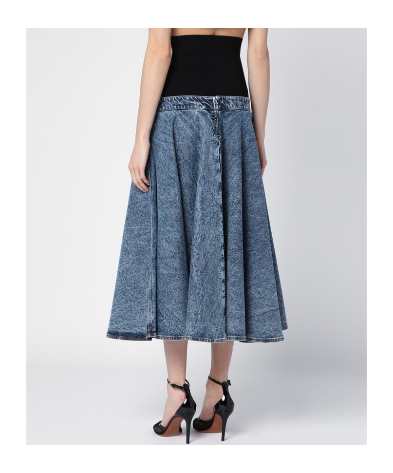 Shop Alaïa Denim-panel Midi Skirt In Blue