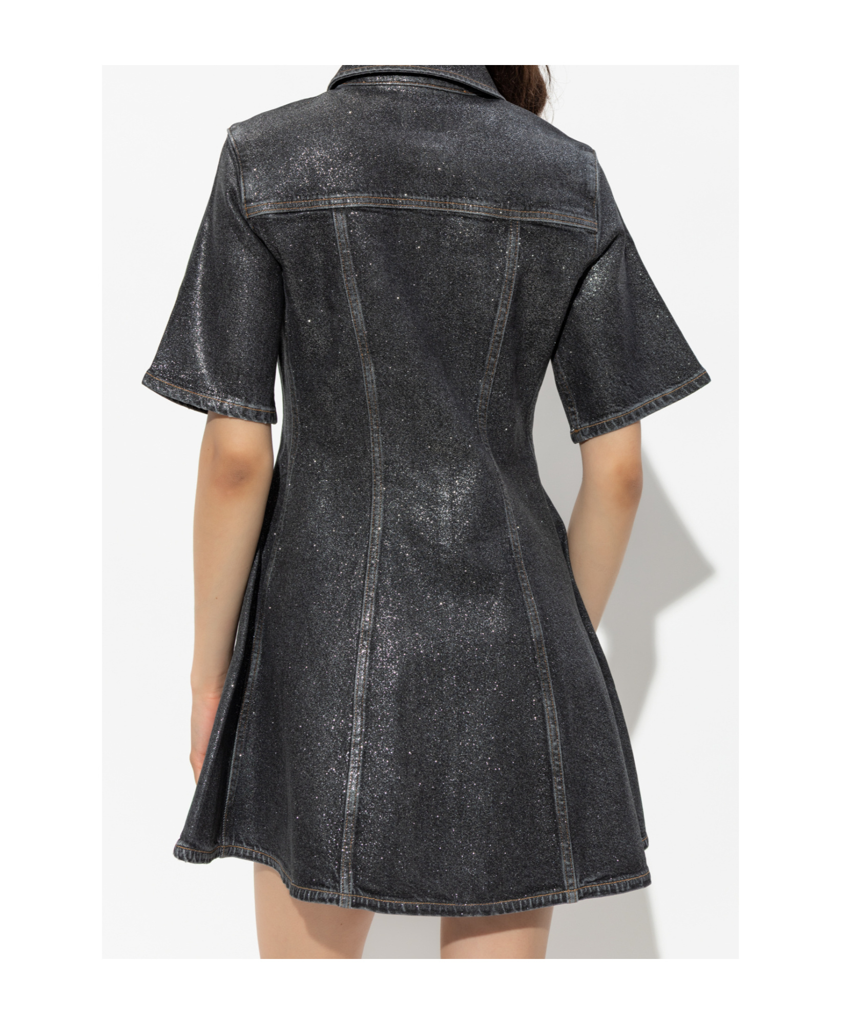 Ganni Shimmery Foil Denim Mini Dress In Gray