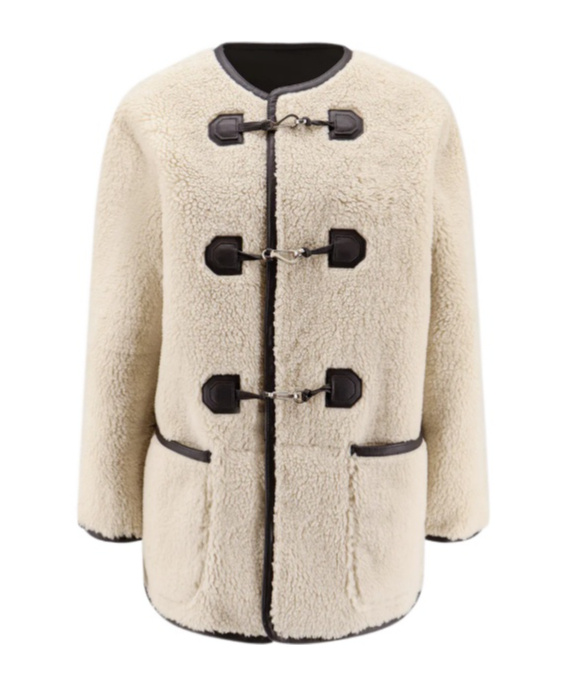 Dunst Collarless Buckled Shearling Jacket Cream In Multi