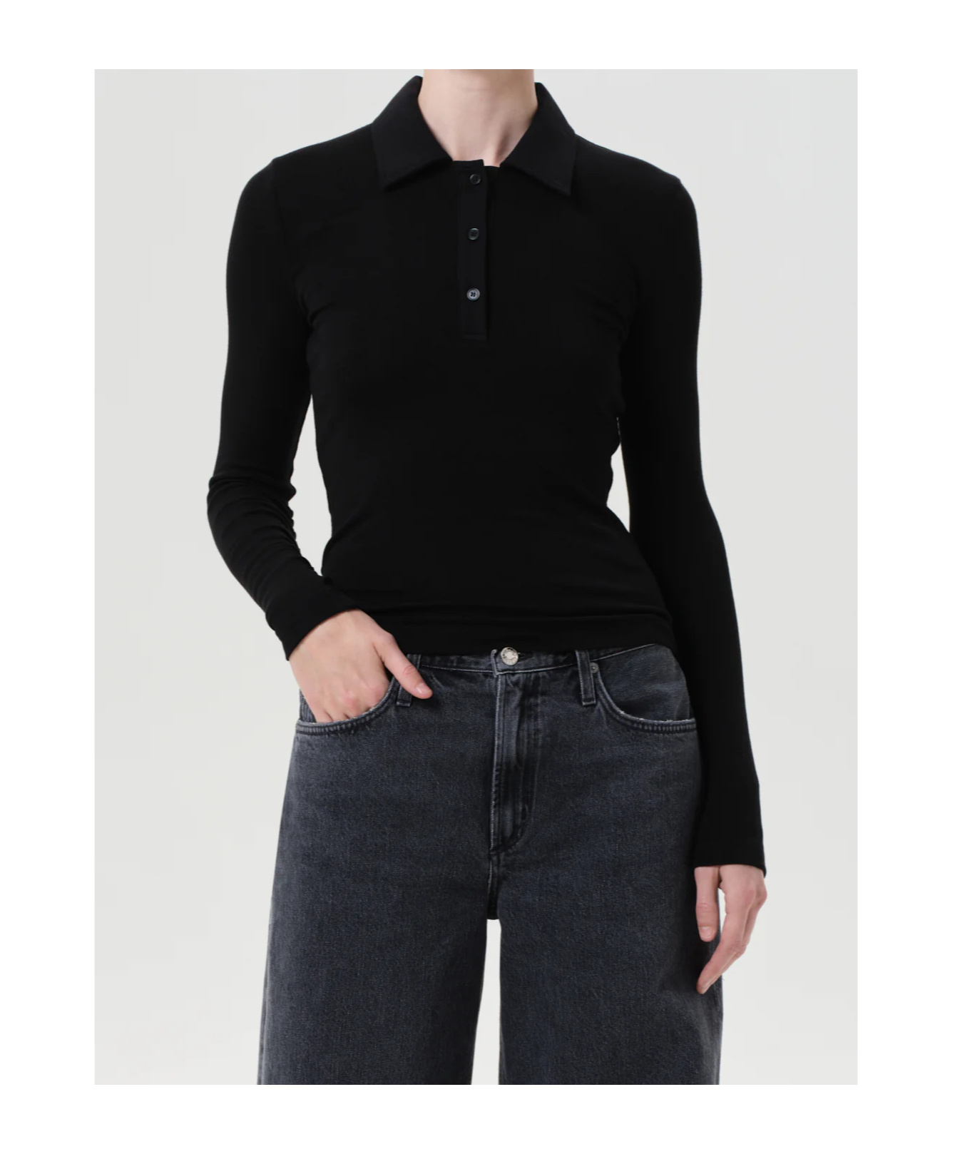 Agolde Button-down Long-sleeved Polo Shirt In Black