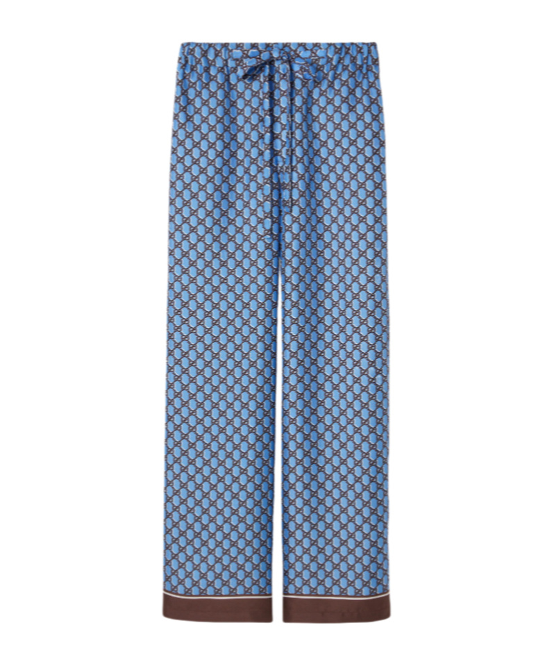 Gucci Silk Pant With Printed Pattern And Contrasting Hem In Blue