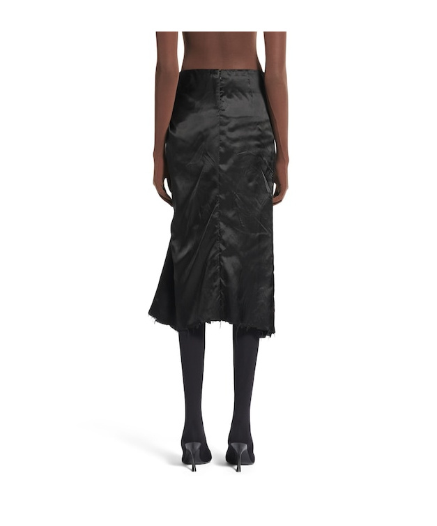 Balenciaga Asymmetric Frayed Gathered Draped Satin Midi Skirt In Black