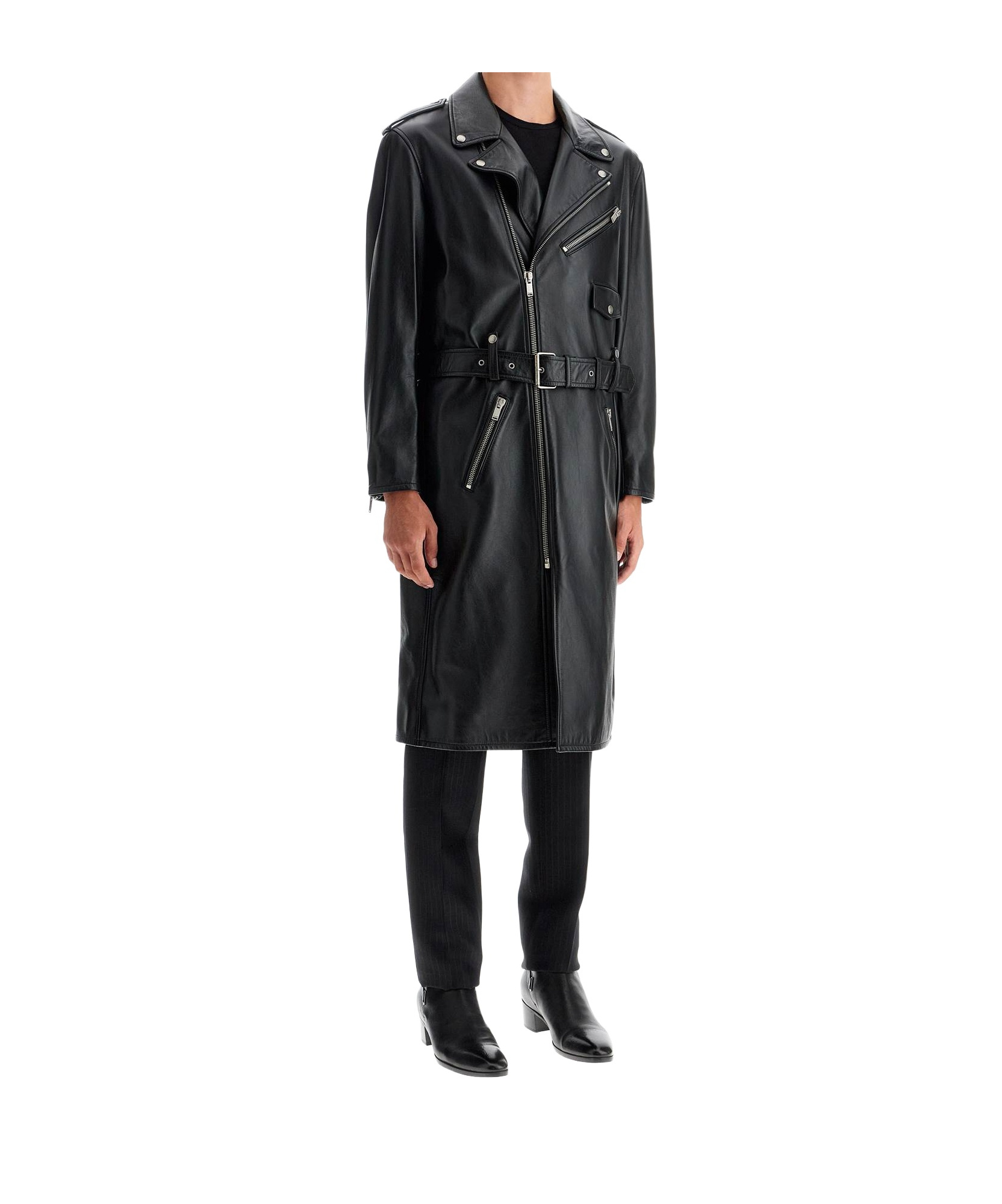 Saint Laurent Leather Coat In Black