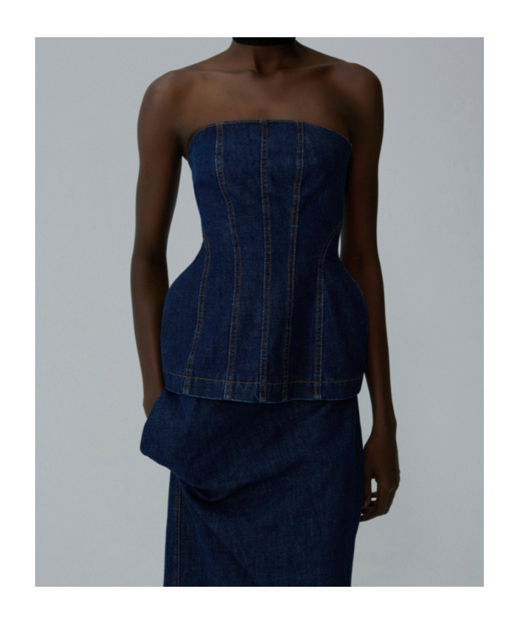 Magda Butrym Strapless Denim Corset Top In Navy Blue In Blue