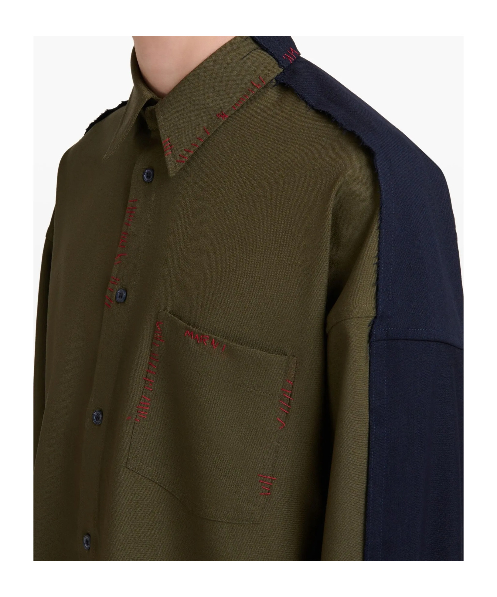 Marni Deep Green Tropical Wool Shirt With Contrast Back In Green