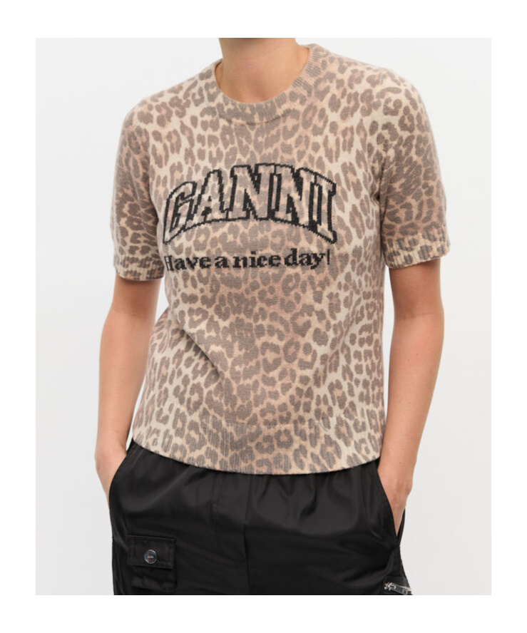 Ganni Leopard Print Wool Mix T-shirt