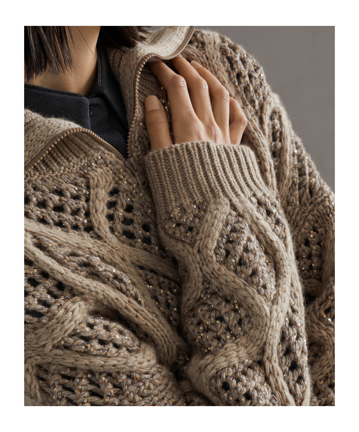 Brunello Cucinelli Zipped Open-knit Cardigan In Nude