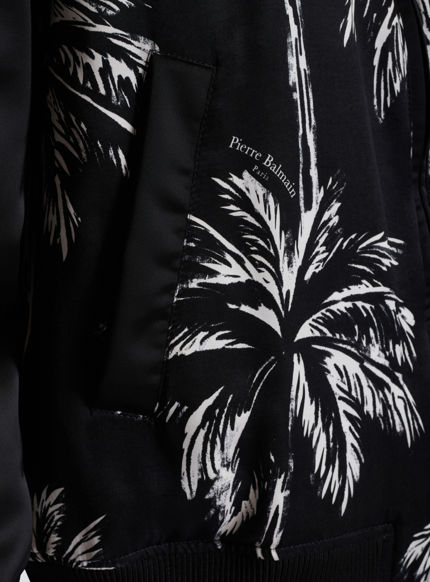 Balmain Printed Satin Palm Tree Bomber Jacket In Black