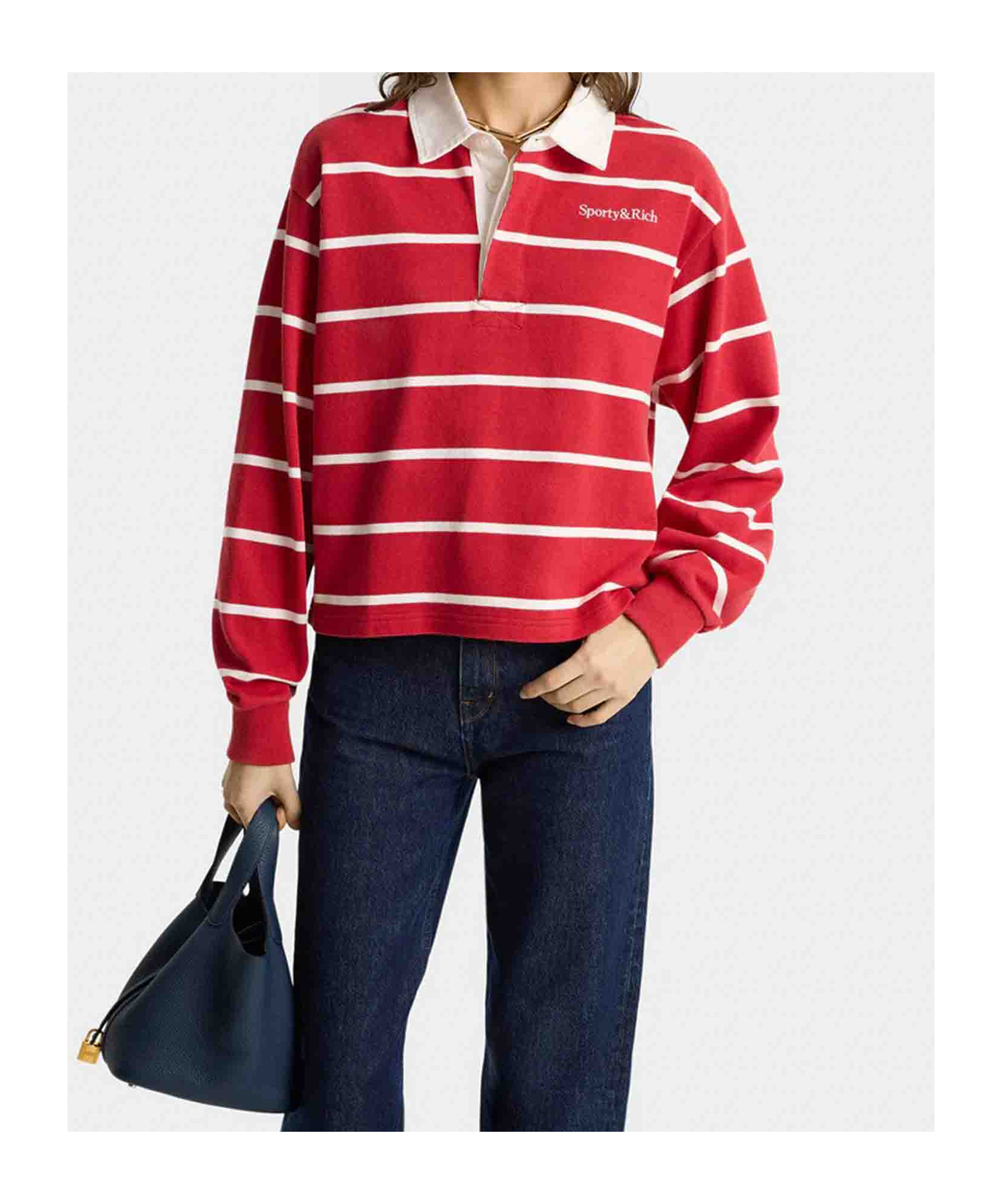 Sporty And Rich Womens Serif Rugby Striped Cotton-knit Polo Shirt Ruby White In Red