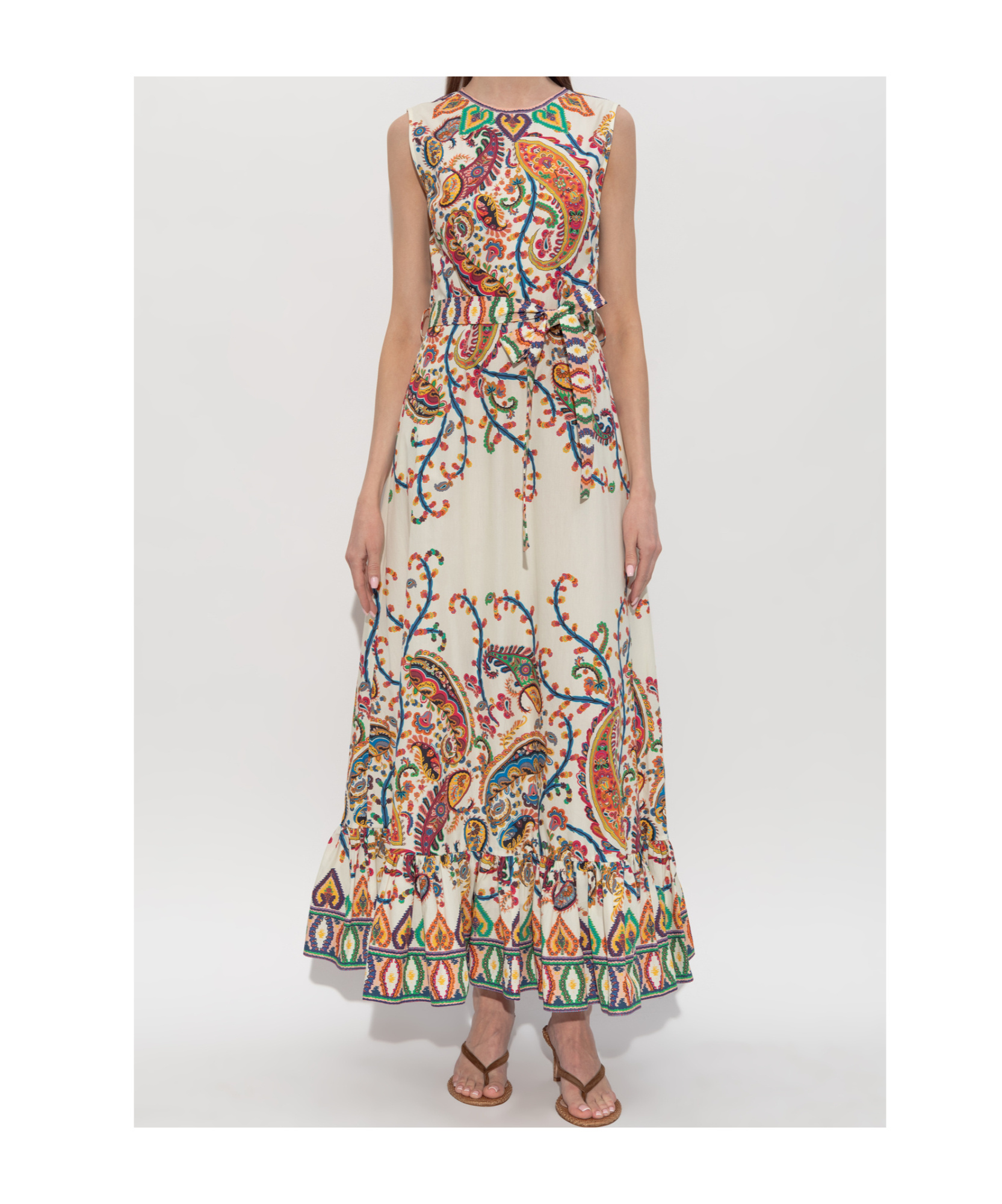 Etro Long Cotton Dress With Placed Floral Paisley Print In Multi