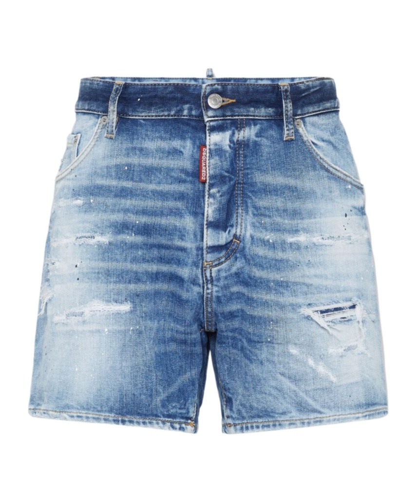 Dsquared2 Men Blue Jeans With Distressed Effect And Logo Patch On The Back In Denim Man In Blue