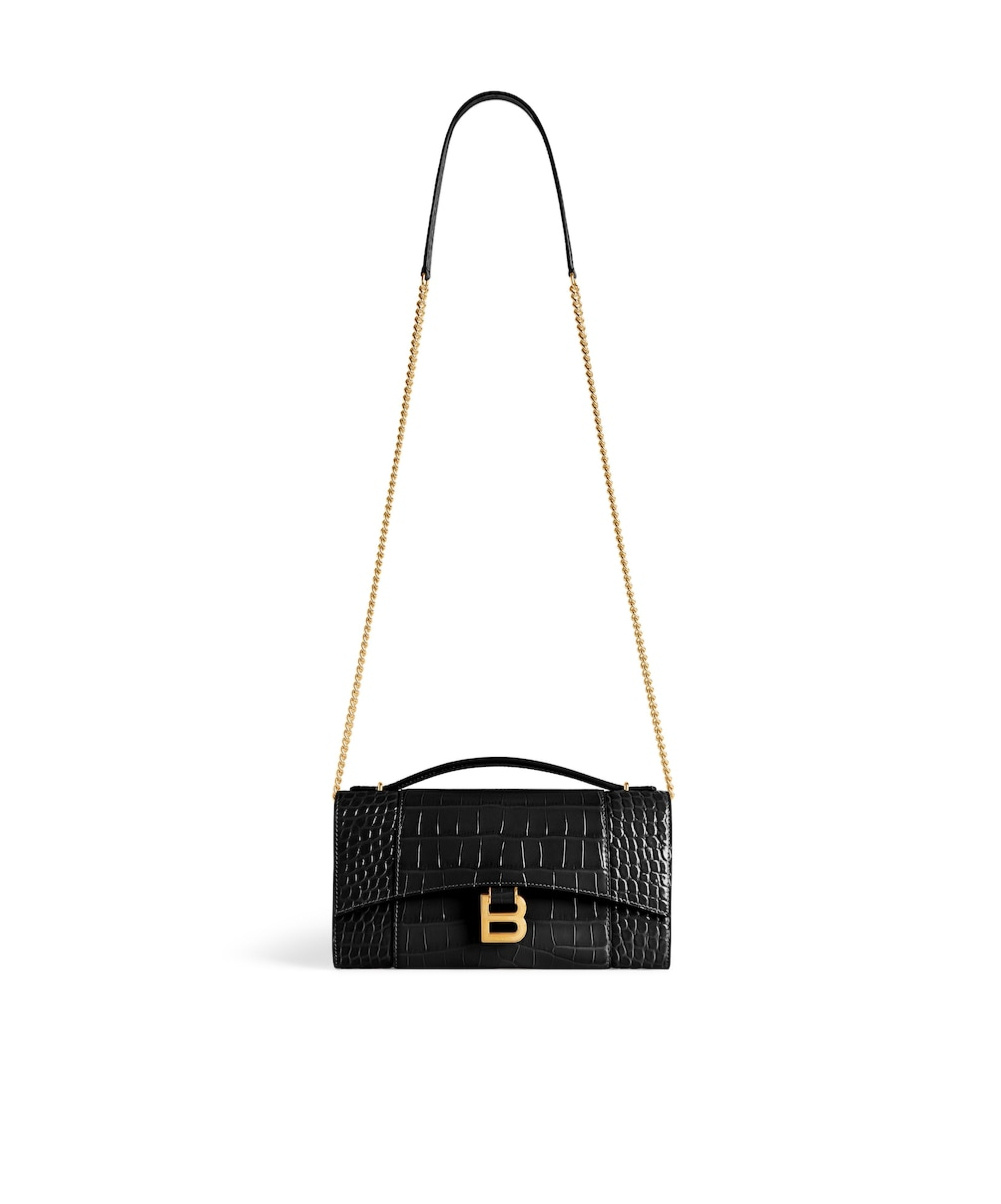 Balenciaga Hourglass Croc-effect Patent-leather Shoulder Bag In Black