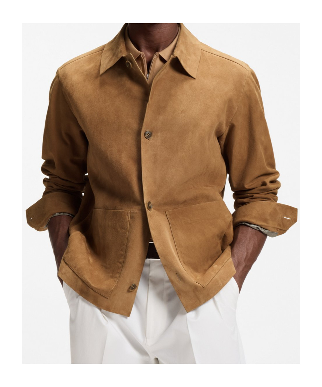 Hugo Boss Tan Button-up Suede Checkered Lining Leather Jacket In Brown