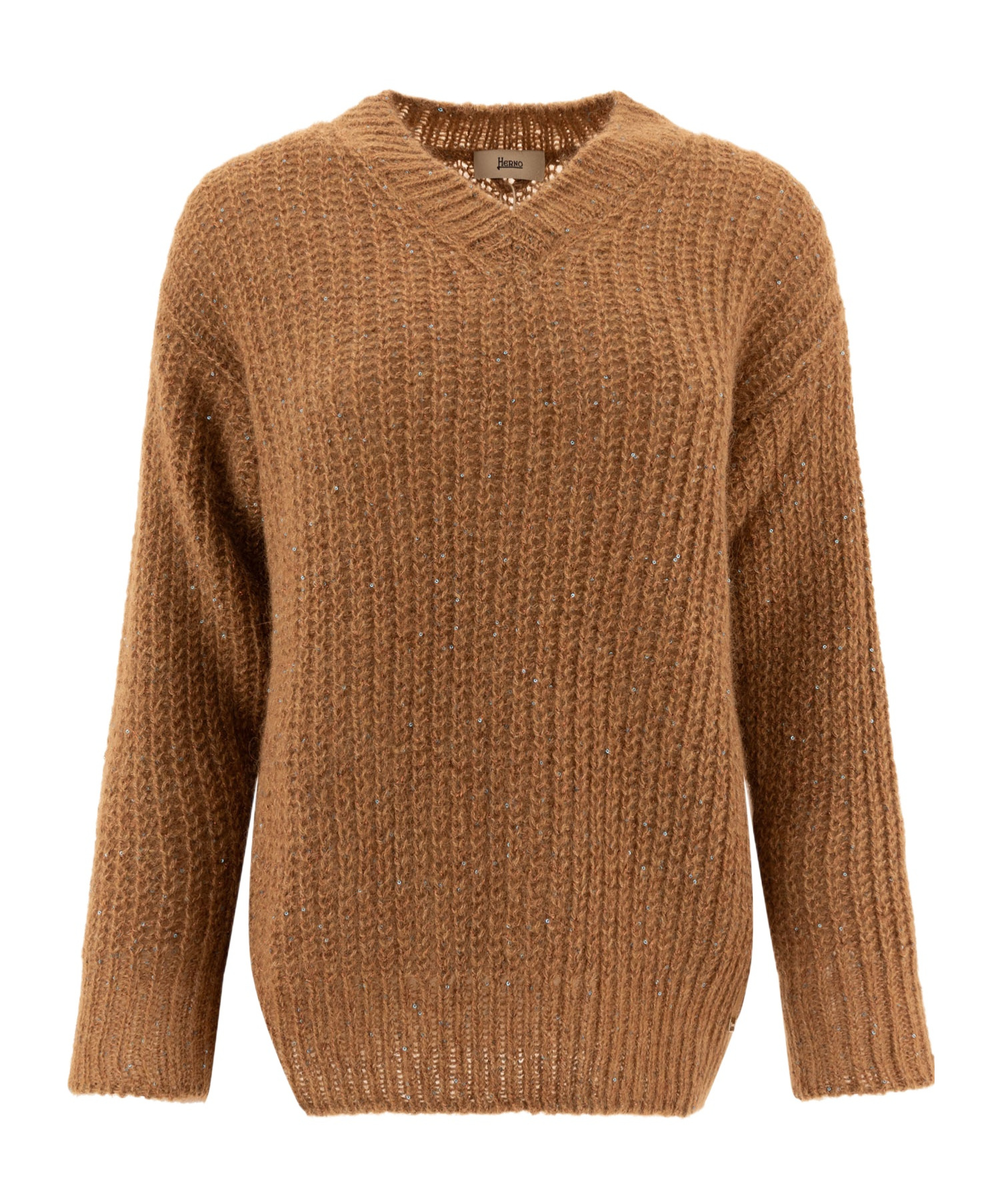Herno Sequined Brown Knit Sweater With V-neckline In Brown