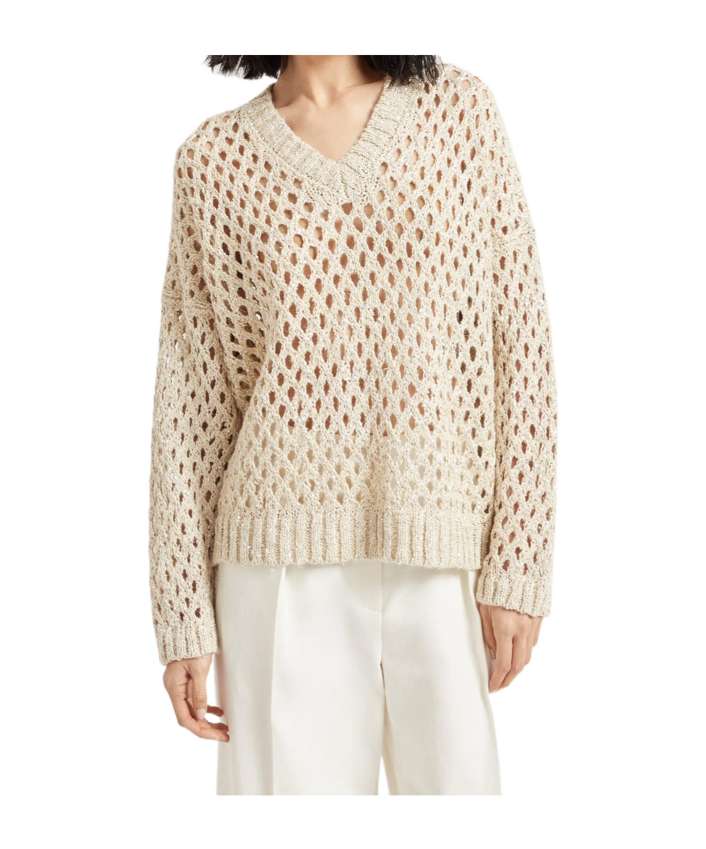 Brunello Cucinelli Sequined Open-knit Silk Sweater In Neutral