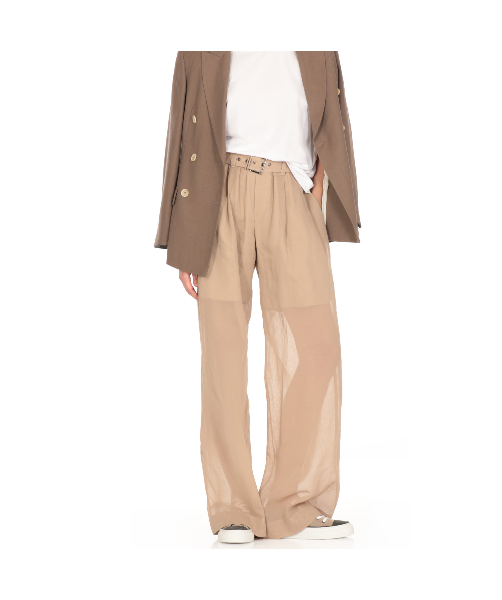 Brunello Cucinelli Trouser With Belt And Monili Detail In Nude