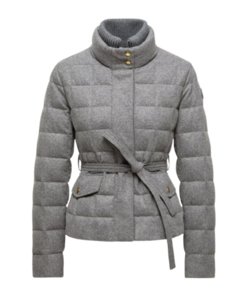 Moncler Women Bussettes Wool Blend Belted Short Down Jacket Grey In Gray
